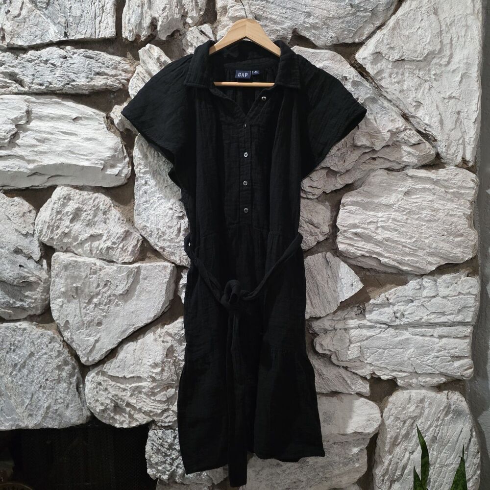 Gap Tiered Short Sleeve Dress Black Women's M 1/4" Button 100% Cotton Vacay...